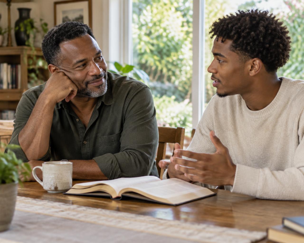 A father and son in thoughtful conversation