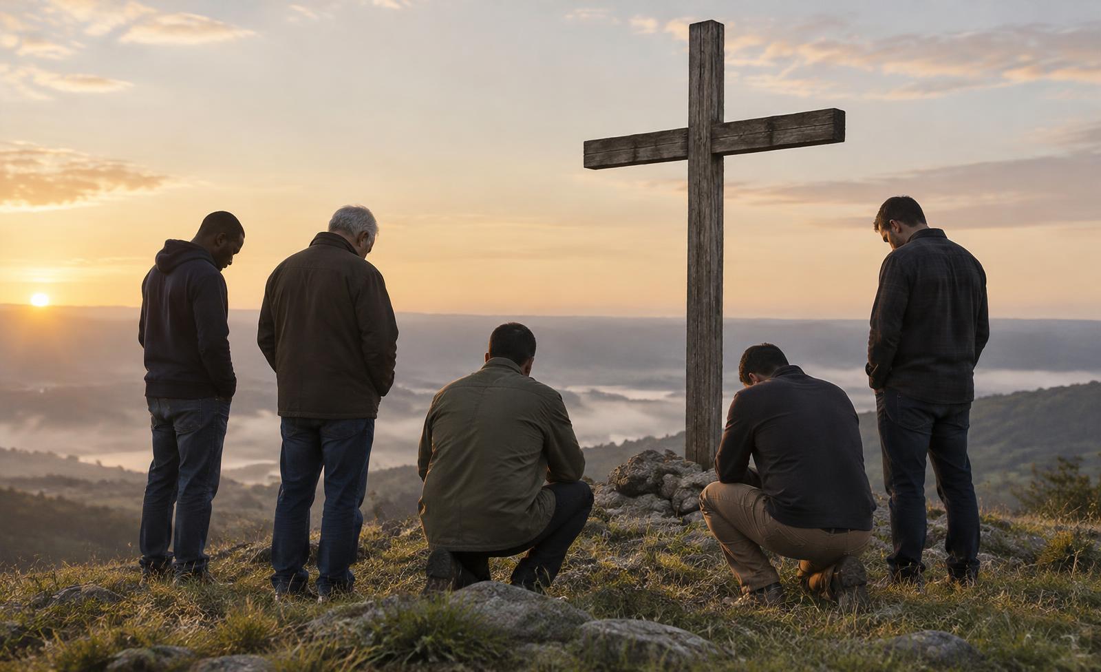 Several men gathered in prayer at the foot of a wooden cross